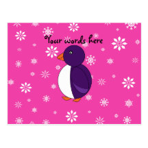 Purple penguin pink snowflakes pattern postcard