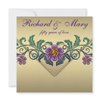 Purple Petunia Gold 50th Wedding Anniversary Personalized Invitation