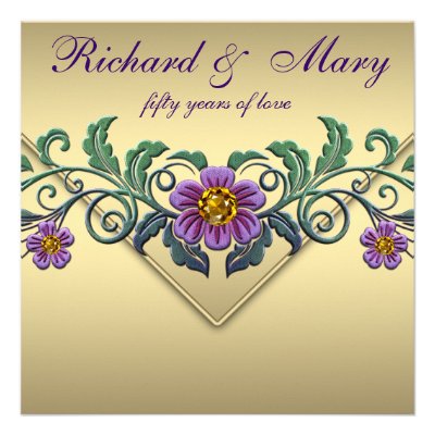 Purple Petunia Gold 50th Wedding Anniversary Personalized Invitation