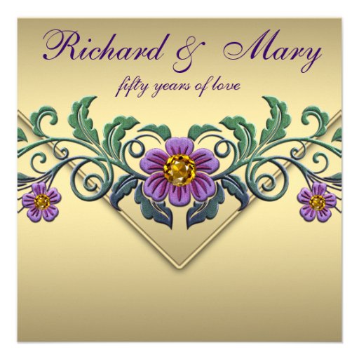 Purple Petunia Gold 50th Wedding Anniversary Personalized Invitation (front side)