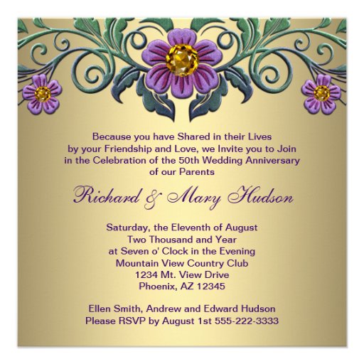 Purple Petunia Gold 50th Wedding Anniversary Personalized Invitation