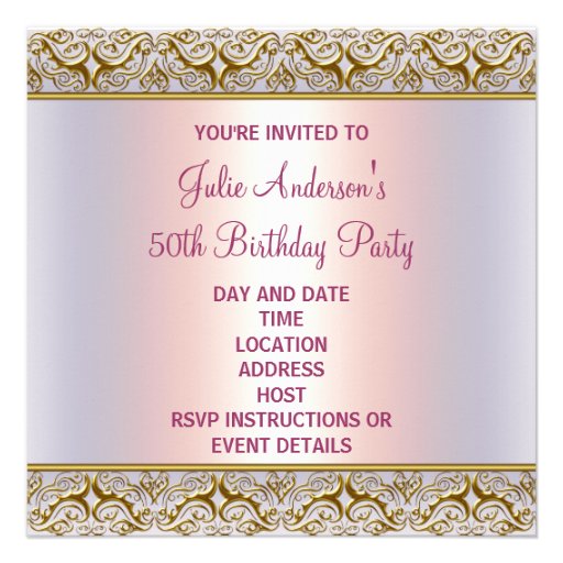 Purple Pink Damask Womans 50th Birthday Party Personalized Invite