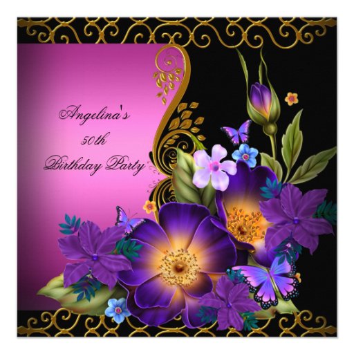 Purple Pink Floral Black Gold Birthday Party Announcements