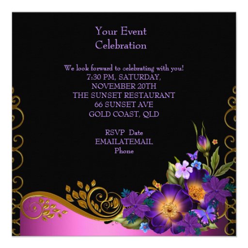 Purple Pink Floral Black Gold Birthday Party Announcements