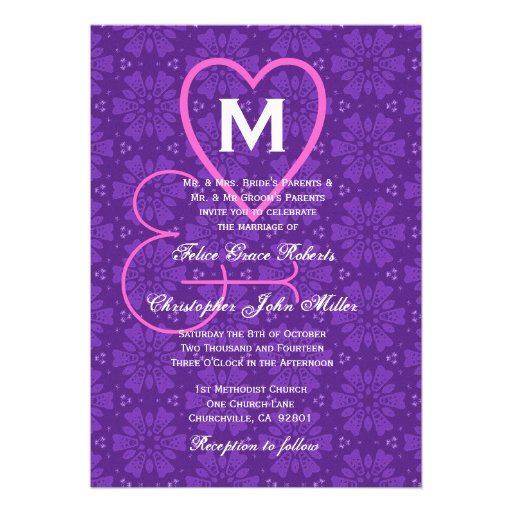 Purple Pink Flowers Hearts Monogram Wedding V033 Cards