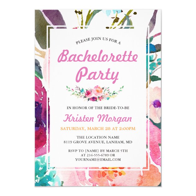 Purple Pink Watercolor Floral Bachelorette Party Card (front side)