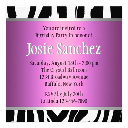 Purple/ Pink Zebra Birthday Invitation