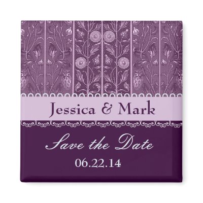 Purple Plum Damask Save Date Wedding Magnet magnet