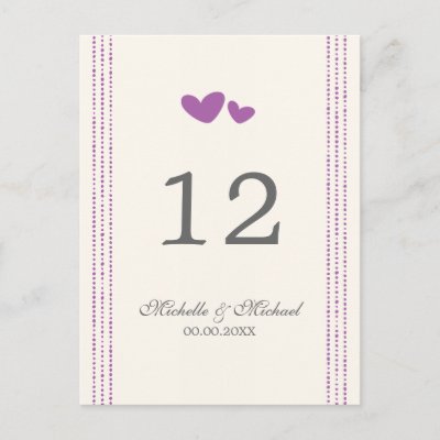 Purple plum hearts wedding table number card postcards by 