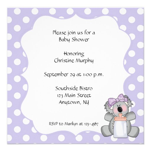 Purple Polka Dot Koala Bear Invitation