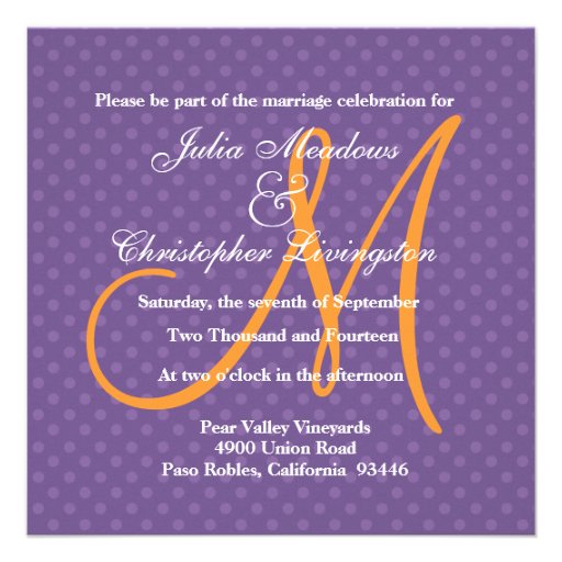 Purple Polka Dot Pattern Monogram Wedding Z209 Personalized Invite