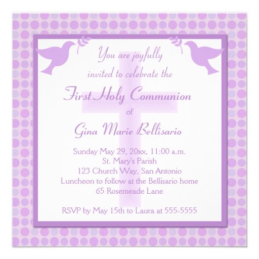 Purple Polka Dots First Holy Communion Invitation