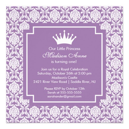 Purple Princess Crown Birthday Party Invitation