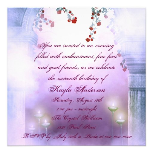 Purple Princess Red Rose Sweet 16 Party Custom Invites