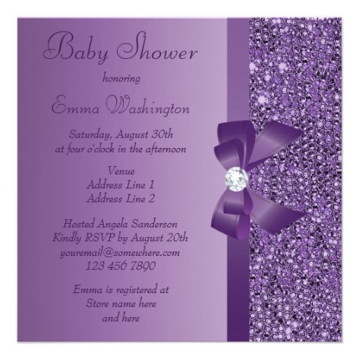 Purple Printed Sequins Bow & Diamond Baby Shower Invite