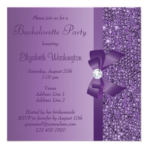 Purple Printed Sequins Bow & Diamond Bachelorette Invitations