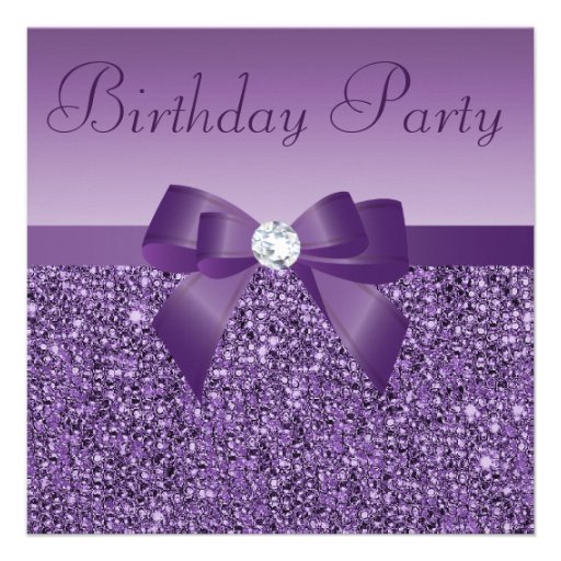 Purple Printed Sequins Bow & Diamond Birthday Custom Announcements (front side)