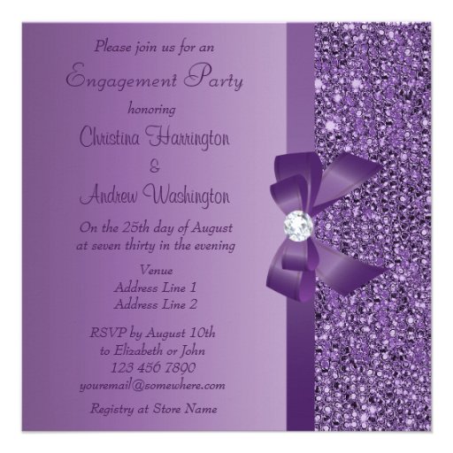 Purple Printed Sequins Bow & Diamond Engagement Personalized Announcement