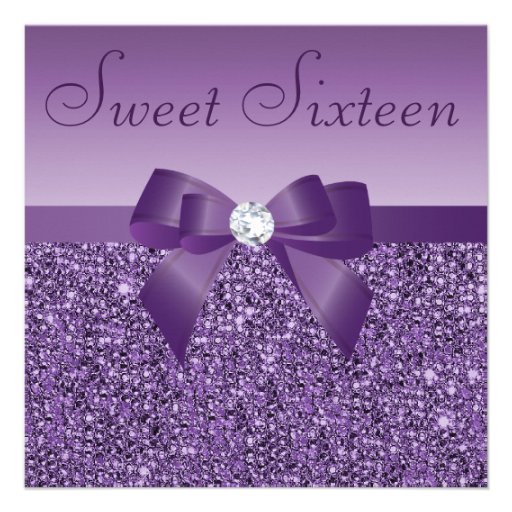 Purple Printed Sequins Bow & Diamond Sweet 16 Invites