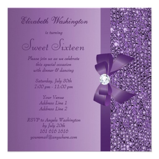 Purple Printed Sequins Bow & Diamond Sweet 16 Invites