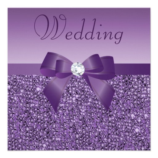 Purple Printed Sequins Bow & Diamond Wedding Custom Invite (front side)