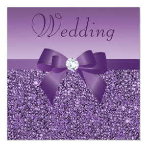 Purple Printed Sequins Bow & Diamond Wedding 5.25x5.25 Square Paper Invitation Card