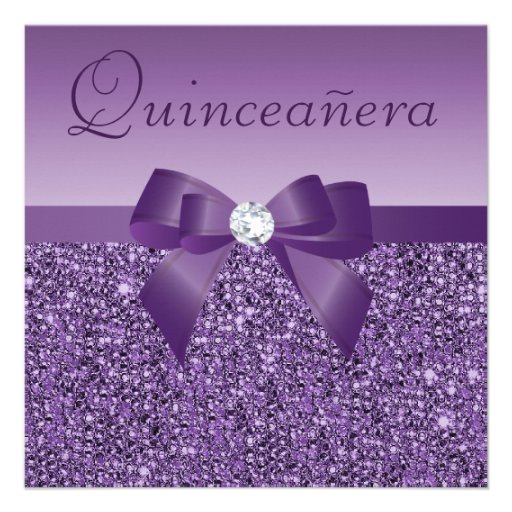 Purple Printed Sequins & Bow Quinceanera Custom Invites (front side)