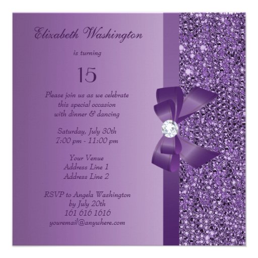 Purple Printed Sequins & Bow Quinceanera Custom Invites