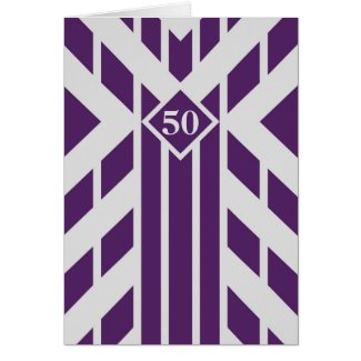 Purple Quadrangle Stripes on Grey 50th Birthday Greeting Card
