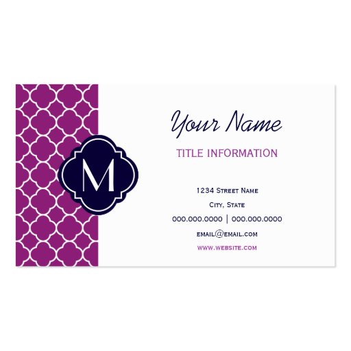 Purple Quatrefoil Pattern with Monogram Business Card Templates