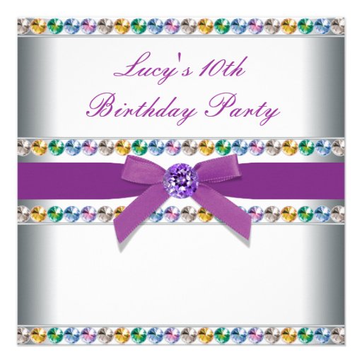 Purple Rainbow Jewels Girls 10th Birthday Party Announcement