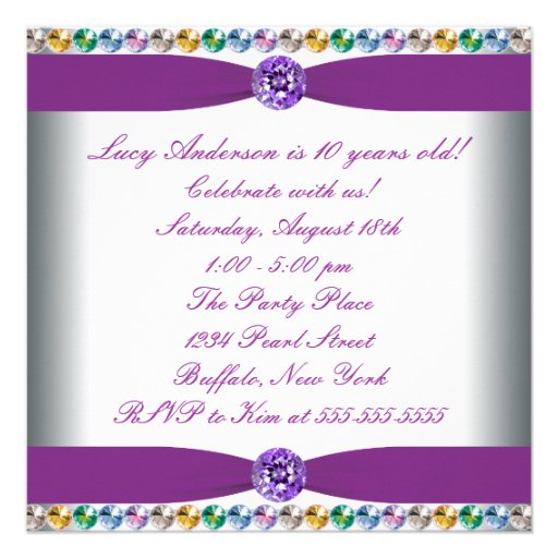 Purple Rainbow Jewels Girls 10th Birthday Party Announcement