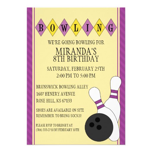 Purple Retro Custom Bowling Birthday Party Custom Invites