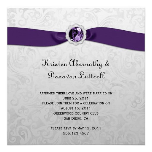 Purple Ribbon Gem Silver Post Wedding Invitation