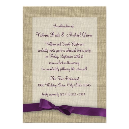Purple Ribbon Rehearsal Dinner Custom Invites