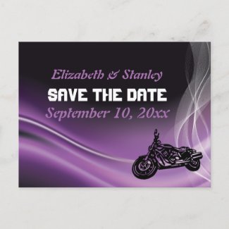 Purple road biker wedding Save the Date postcard postcard