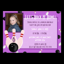 Purple Rock And Bowl With Photo Bowling Party invitations