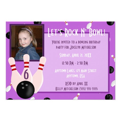Purple Rock And Bowl With Photo Bowling Party Custom Announcement