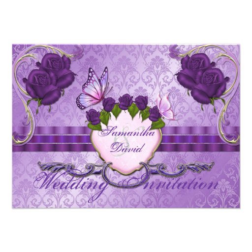 Purple Rose Damask Wedding Invitation