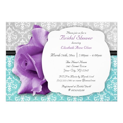 Purple Rose Teal Damask Bridal Shower Invitations