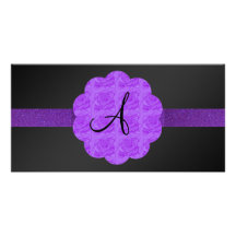 Purple roses purple glitter monogram black customized photo card