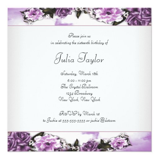 Purple Roses Purple Sweet 16 Party Personalized Invites