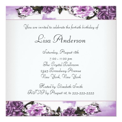 Purple Roses Womans 40th Birthday Party Personalized Announcements