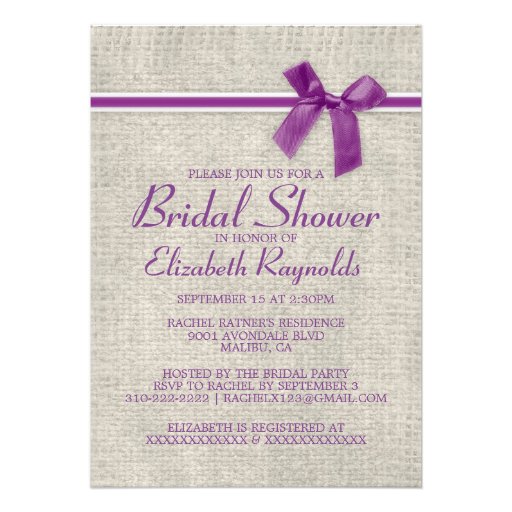 Purple Rustic Burlap Bridal Shower Invitations