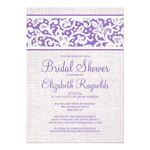 Purple Rustic Burlap Linen Bridal Shower Invites