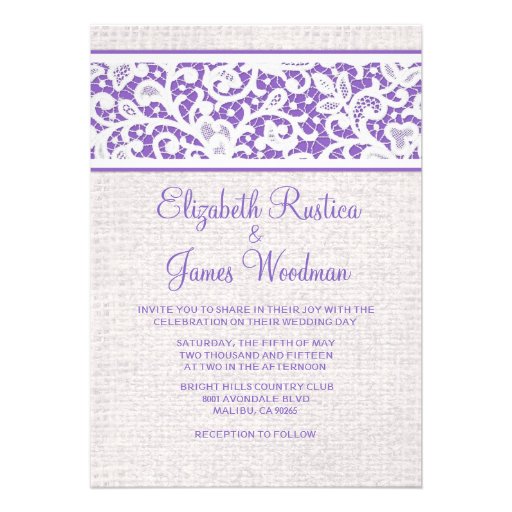 Purple Rustic Country Burlap Wedding Invitations