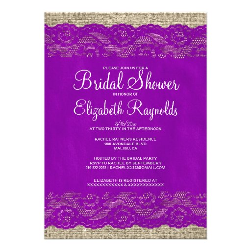 Purple Rustic Lace Bridal Shower Invitations