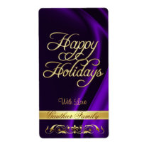 Purple Satin Gold Scroll Happy Holidays Wine Label