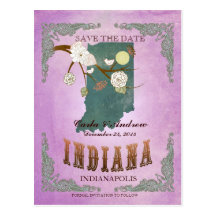 Purple Save The Date - IN Map With Lovely Birds Post Card