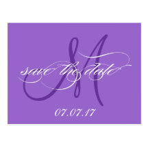 Purple Save the Date Monogram Postcard